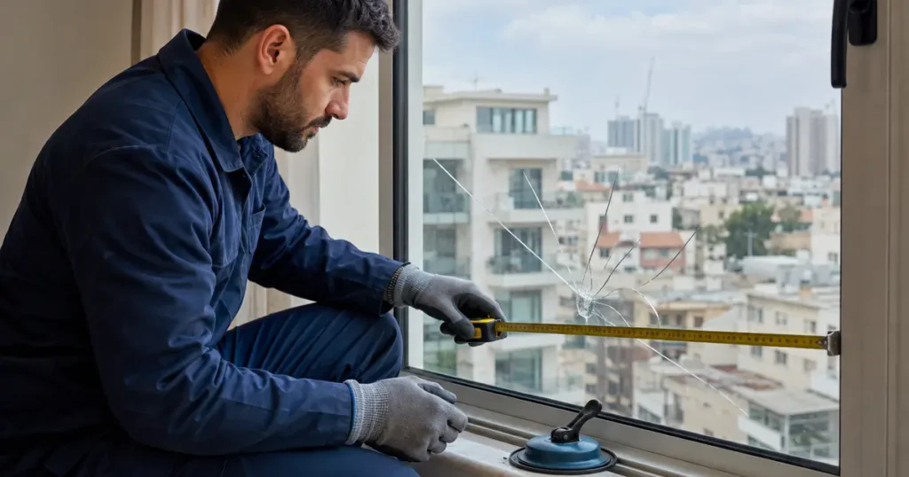 זכוכית שבורה בחלון לפני החלפה בטוחה